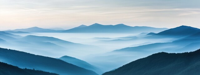 A tranquil view of a misty mountain landscape with layers of rolling hills fading into the distance, bathed in the soft light of dawn, Misty mountains scene