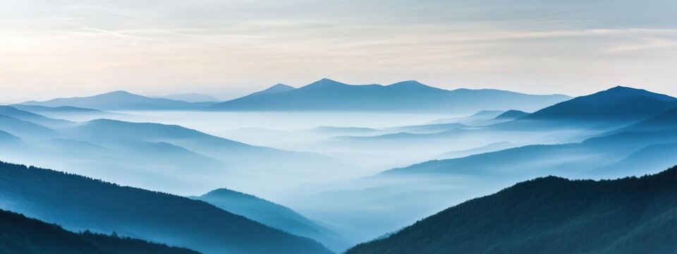 A tranquil view of a misty mountain landscape with layers of rolling hills fading into the distance, bathed in the soft light of dawn, Misty mountains scene