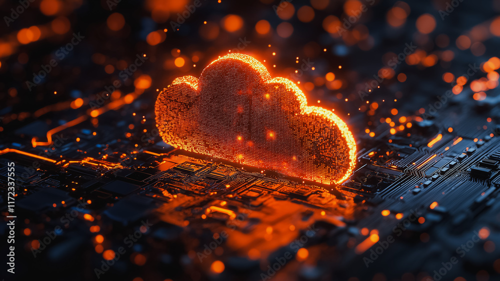 Poster fiery cloud computing: abstract 3d rendering of a fiery cloud symbol on a circuit board, representin