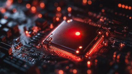 Red Glow of Innovation: A close-up shot of a computer chip, illuminated by a red glow, evokes a sense of power and technological advancement.