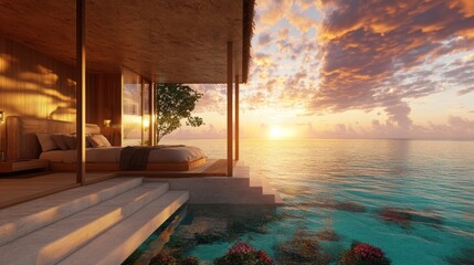 Fototapeta premium A serene beachfront villa at sunset, blending luxury and nature.