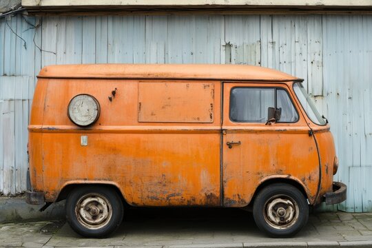 Vintage Orange Delivery Van Parked in Front of a Weathered Building With Peeling Paint During the Daytime - Powered by Adobe