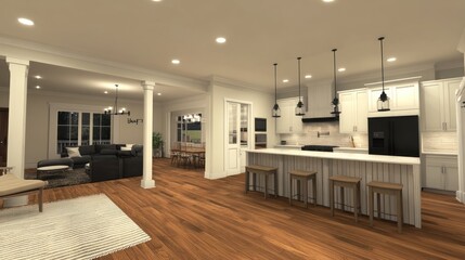 Fototapeta premium Open-concept home layout with seamless flow between the kitchen, dining, and living areas