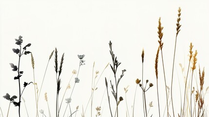 Fototapeta premium Elegant Silhouettes of Wild Grasses and Flowers Against White Background