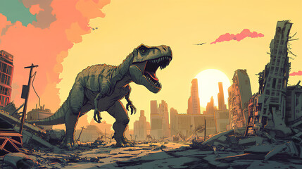 T-Rex who wants to destroy the big city with his sharp teeth