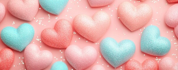 Obraz premium A vibrant assortment of pastel-colored hearts in pink and blue arranged on a soft background, creating a playful and romantic atmosphere.