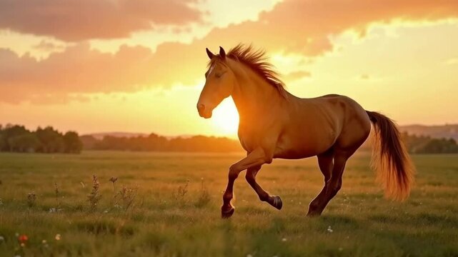 a brownish red horse ina madow repressenting a mejestic view
