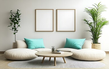 Fototapeta premium Modern living room, beige sofa, teal pillows, plants, wooden coffee table, mock-up frames, minimalist decor, interior design.