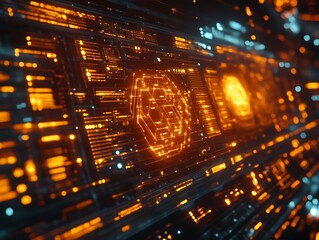 Futuristic digital interface with glowing orange hexagon.