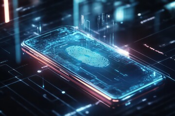 A digital design showing a glowing fingerprint scanner on a smartphone screen, with holographic security features floating nearby.