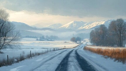 A serene winter landscape with a snow-covered road and mountains in the background.