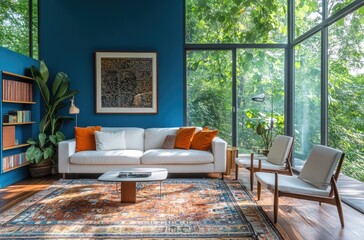 A modern living room with blue walls, a white sofa and armchairs adorned with orange pillows, large windows overlooking lush greenery outside