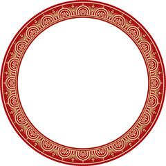 Vector round gold with red border, frame, Pompeii ring. Circle Neopolitan ornament. Art of Ancient Rome