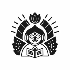A stylized, graphic illustration of a woman, likely a Hindu deity or figure, reading a book.