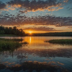 Fototapeta premium A breathtaking sunrise over a tranquil lake.