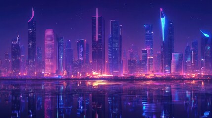A vibrant city skyline illuminated by neon lights, reflecting on water at night.