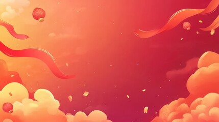 Chinese New Year background with red ribbon and gold clouds.