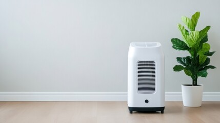 Modern Air Purifier Next to Lush Green Plant in Minimalist Indoor Space with Neutral Wall and Wooden Floor