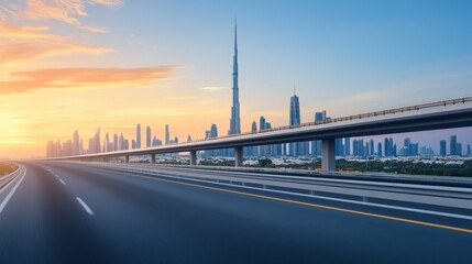 Scenic view of modern highway leading to iconic skyscrapers under vibrant sunset sky in urban landscape