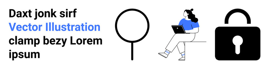 Magnifying glass, person using laptop, padlock. Ideal for technology, security, privacy, remote work, online research, data protection, education. Landing page