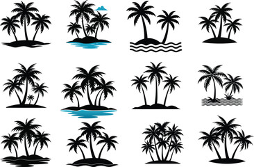 Minimalist Tropical Island Silhouettes with Palm Trees – Icon Set Design