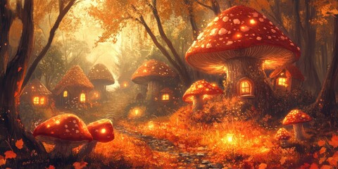 Enchanting Autumnal Mushroom Village In A Magical Forest