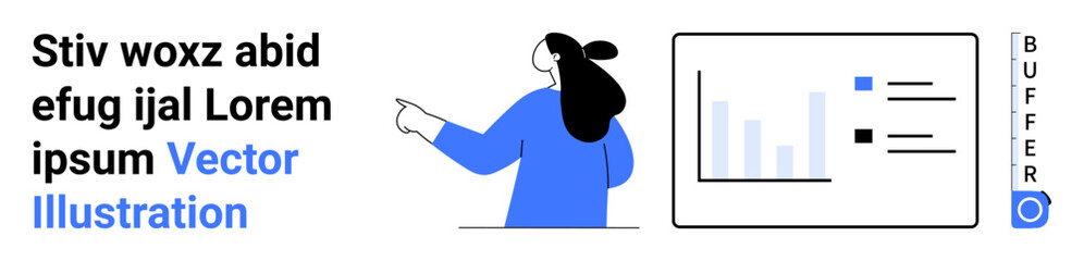 Businesswoman pointing at a screen displaying bar and line charts. Ideal for presentations, reports, data analysis, business strategies, education, professional training, and marketing. Banner