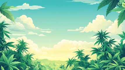 Lush tropical jungle landscape with vibrant green foliage under a bright, sunny sky.