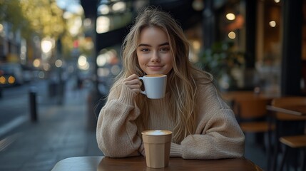 Young woman enjoying coffee at outdoor cafe.