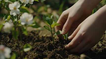 Fototapeta premium Hands planting a small green plant seedling in rich dark soil amongst blooming white flowers.