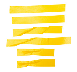 Obraz premium Top view set of wrinkled or crumpled yellow adhesive vinyl tape or cloth tape in stripes shape isolated with clipping path in png file format