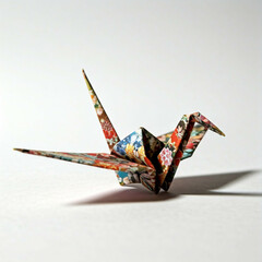 colorful origami paper crane on white background