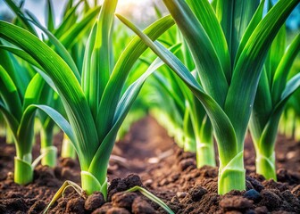 Obraz premium Close-up of Organically Grown Leeks in a Field - Vibrant Green Leafy Vegetables