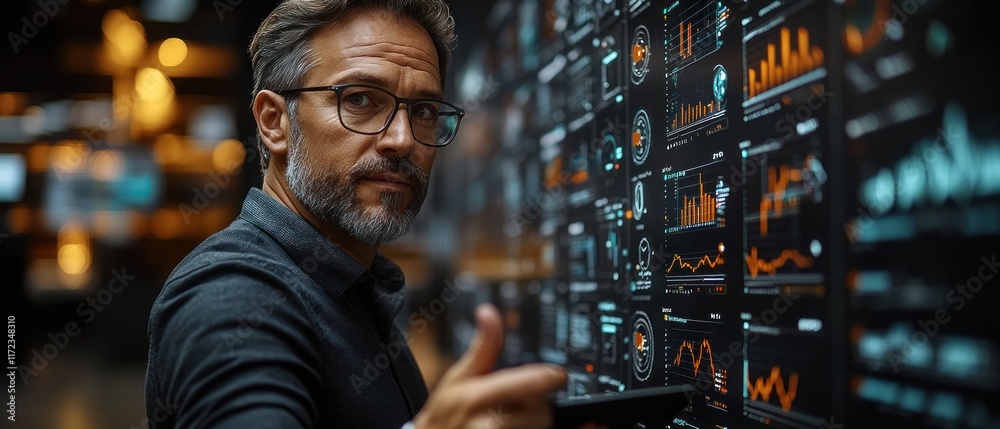Poster professional analyzing data on a digital display in a modern workspace