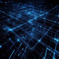 Obraz premium Futuristic Digital Landscape with Glowing Blue Lines and Grids
