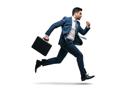 running businessman isolated on white background PNG. cutout
