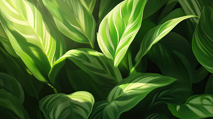 Obraz premium Lush Green Leaves with Bright Stripes Illuminated by Natural Light