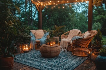 Cozy outdoor lounge area with wooden furniture and green plants