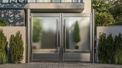 Modern glass doors with a sleek design in a landscaped setting.