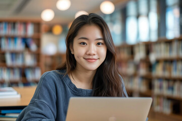 Fototapeta premium Portrait of a Young Asian Female Student Studying in a Library, Engaged and Smiling at the Camera, Surrounded by Bookshelves