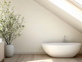 Modern bathroom design featuring a freestanding tub and natural decor in a serene setting