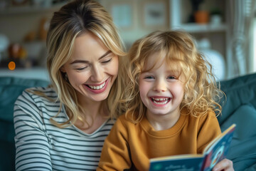 The image captures a heartwarming moment between a joyful mother and her giggling daughter, sharing a book and smiles in a cozy home setting