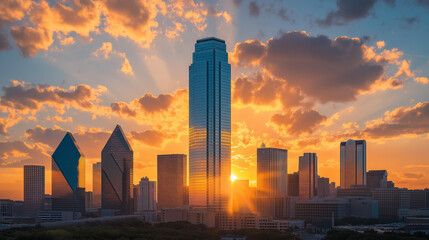 Naklejka premium Sunset city skyline featuring dramatic orange clouds reflecting on modern skyscrapers