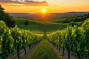 Naklejka premium Golden sunset over rows of grapevines in vineyard