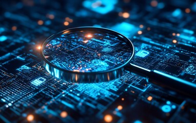 Abstract technological atmosphere showcasing a magnifying glass focused on a document, representing IT Security Risk Assessment, with floating digital security symbols