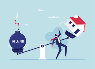 Debt Inflation, Increased Interest Rates Raise Household Debt. Floating Interest Ceiling, house and Inflation weight balancing on a seesaw