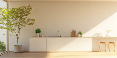 Fototapeta premium Bright and minimalist kitchen interior with natural light and greenery during the day