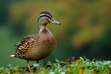 Fototapeta premium Close-up of a female mallard duck standing in green grass