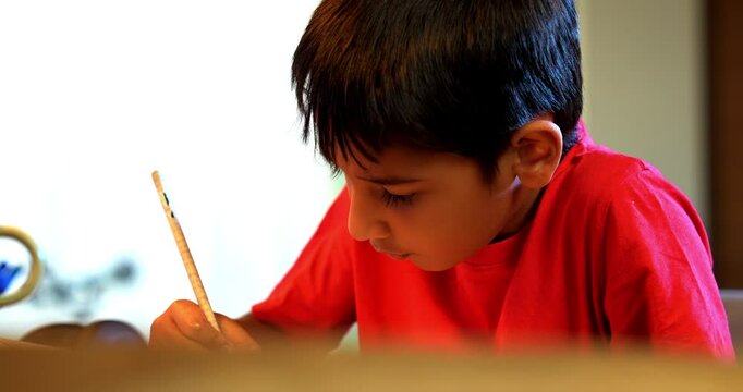Indian Asian Small Boy Sitting at Desk in Modern Home, Completing Homework or Studying by Writing in Notebook, Focused on Academic Tasks, Highlighting Education, Learning Habits, Daily Study Routine