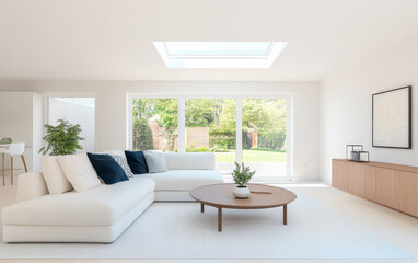 Fototapeta premium Modern living room with natural light and stylish decor in a tranquil setting